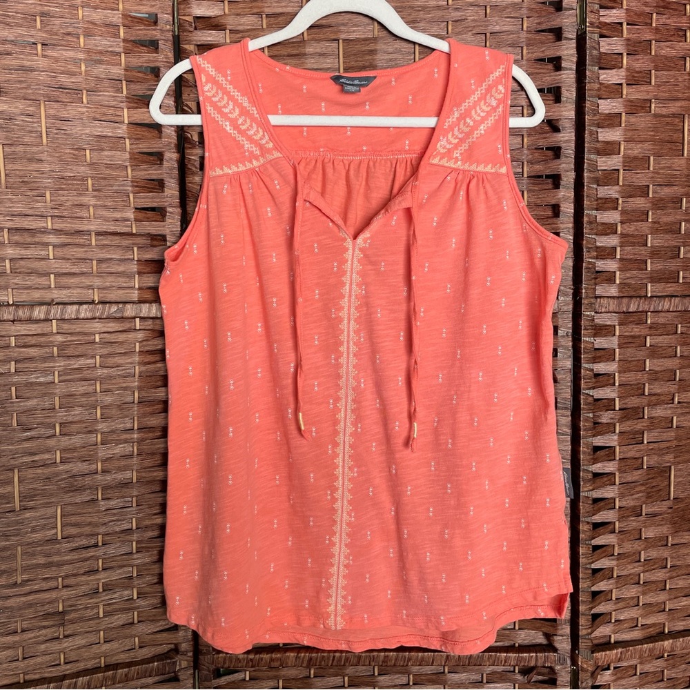 Eddie Bauer Coral Sleeveless Embroidered Tie-Front Tank, Boho Country Hippie, L.